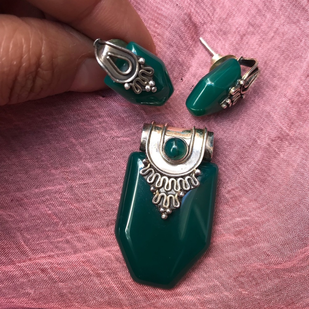Green Stone Sterling Silver Set - image 1